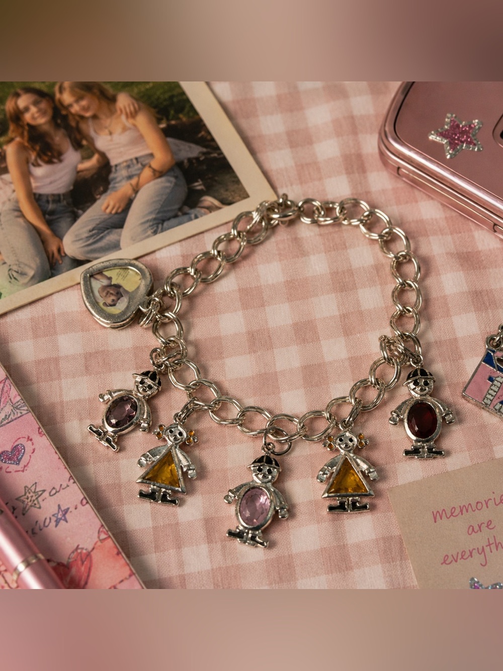 Vintage Y2K Silver Tone Family Charm Bracelet Kids Boys Girls Locket Movie Reel